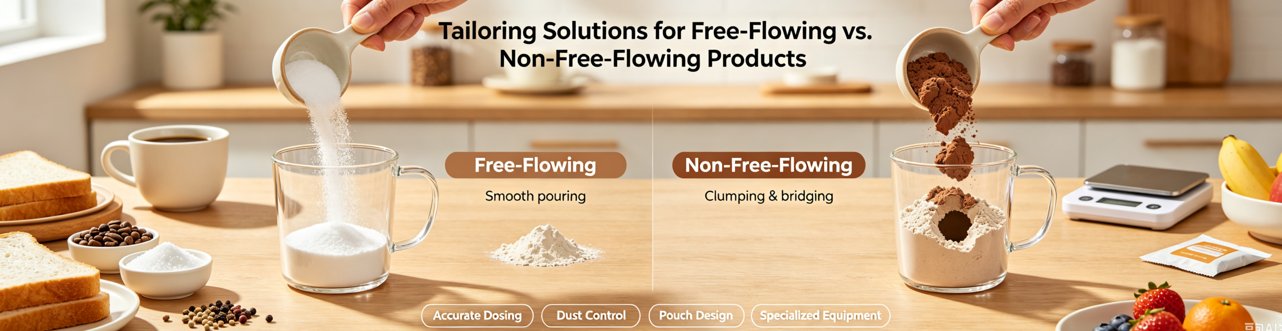 Split kitchen comparison banner: left free-flowing sugar pours smoothly; right clumpy non-free-flowing flour. Shows different powder behaviors and custom packaging solutions for powder pouches.