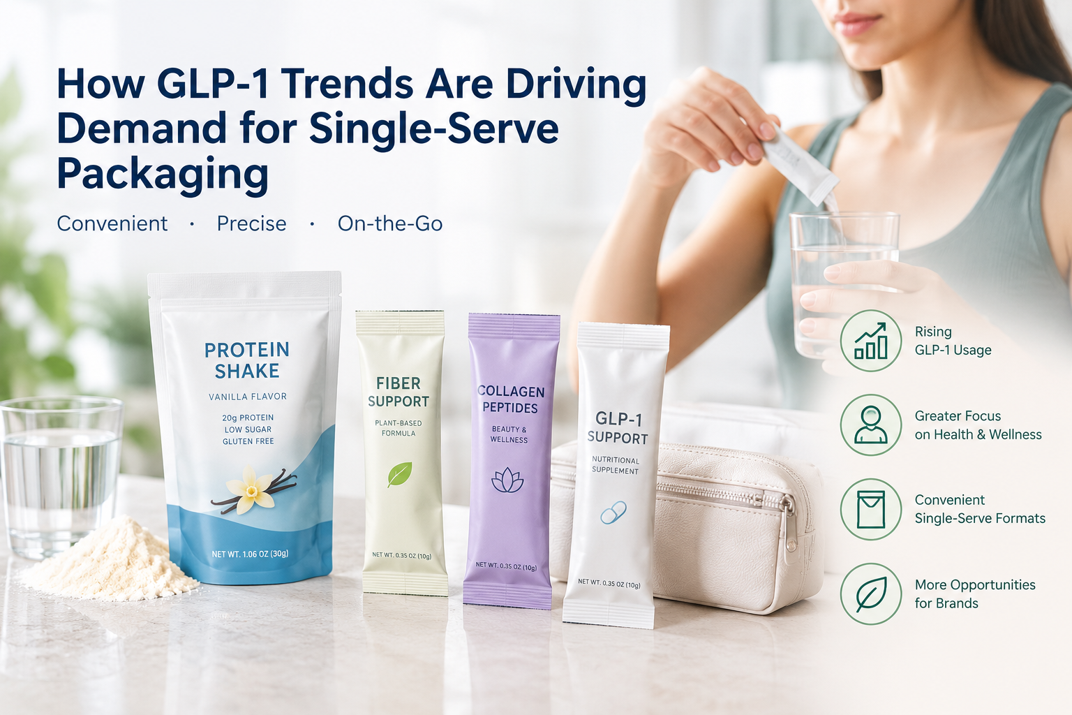 GLP-1 trend driving demand for single-serve supplement packaging, including protein, fiber, collagen, and wellness pouches