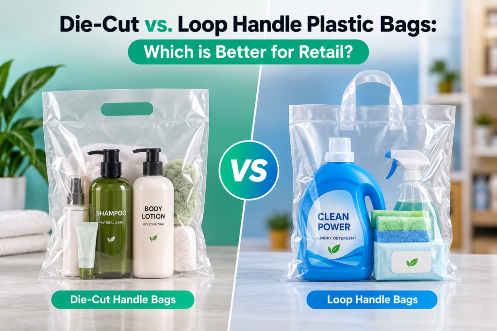 Die-cut handle bags vs. loop handle plastic bags for retail packaging, comparing personal care and household product applications.