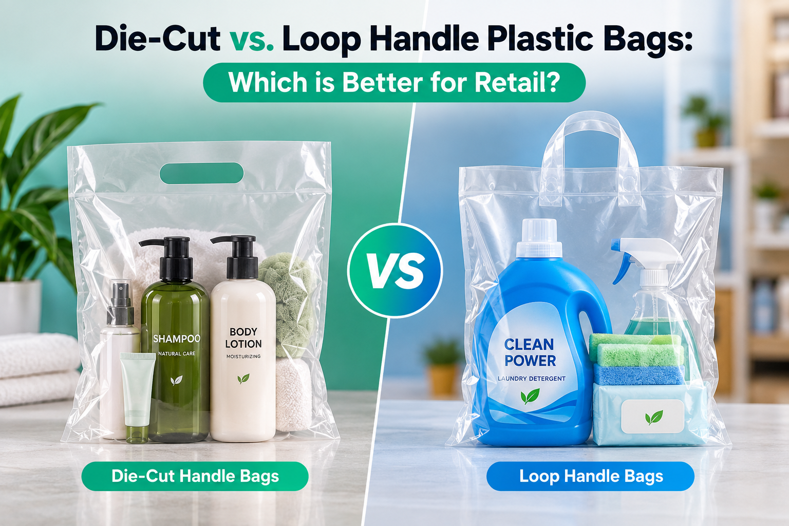 Die-cut handle bags vs. loop handle plastic bags for retail packaging, comparing personal care and household product applications.
