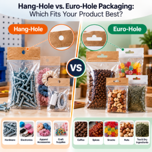 Hang-hole and Euro-hole packaging bags for hardware, electronics, accessories, coffee, spices, snacks, nuts, and other retail products.