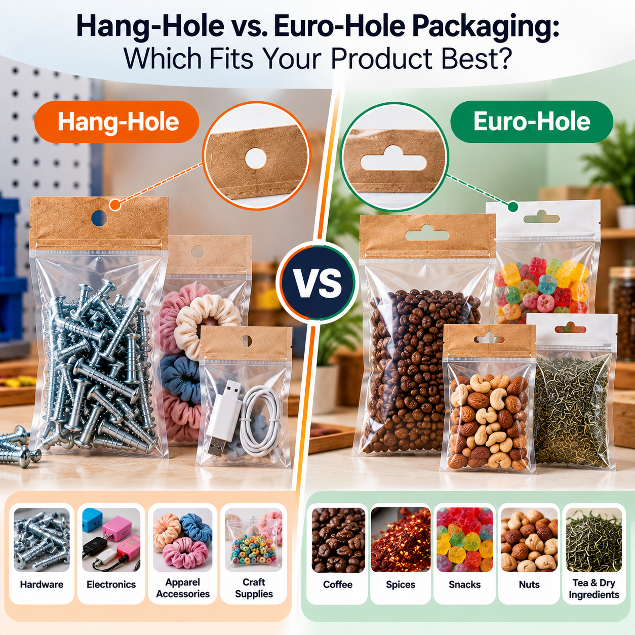 Hang-hole and Euro-hole packaging bags for hardware, electronics, accessories, coffee, spices, snacks, nuts, and other retail products.