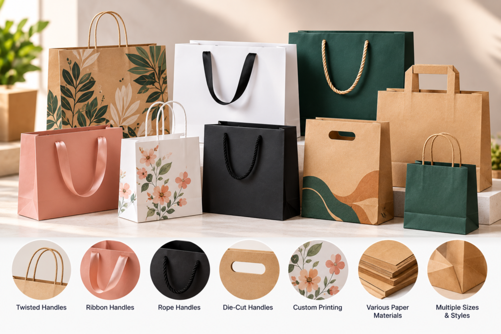 Custom paper shopping bags in kraft, white, black, green, and pink with twisted, ribbon, rope, and die-cut handles.