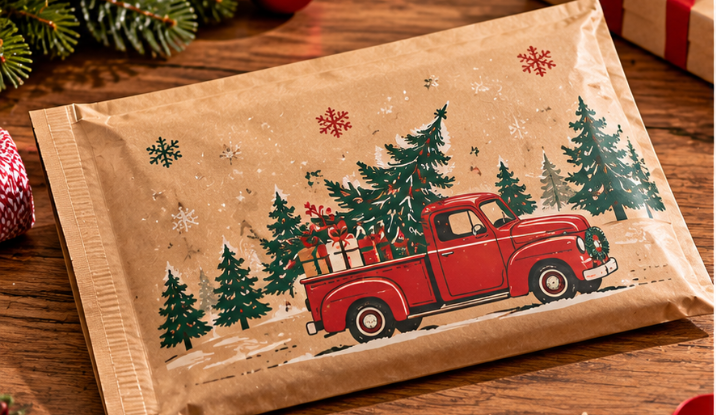 Custom kraft paper Christmas mailer bag with festive Christmas tree, gift box, and snowflake printing for holiday e-commerce shipping and gift packaging.