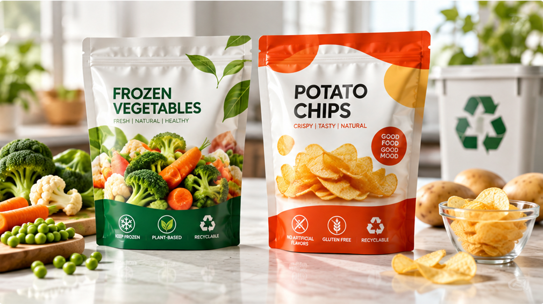 Mono-PE vs Mono-PP food packaging comparison featuring recyclable frozen vegetable and potato chip stand-up pouches for sustainable food packaging under EU PPWR.
