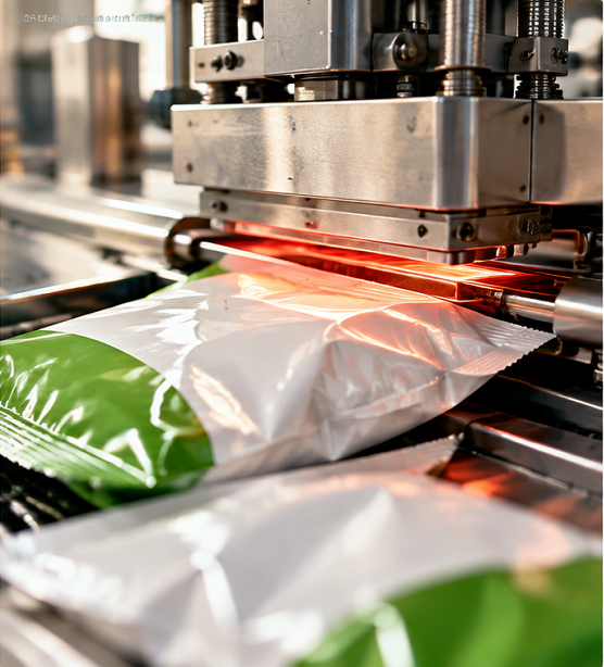 Industrial heat sealing machine sealing flexible food packaging pouches, demonstrating seal strength, temperature control, and packaging efficiency.