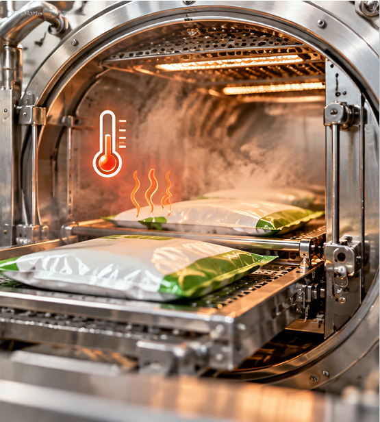 Flexible food packaging pouches undergoing thermal processing in industrial equipment, demonstrating heat resistance, thermal stability, and seal integrity.