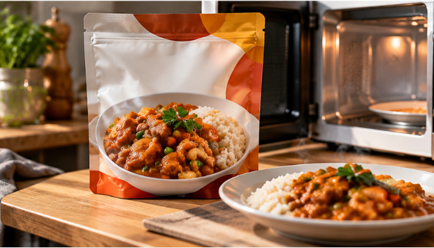 Custom printed stand-up pouch for ready-to-eat chicken curry rice, displayed beside a microwave and prepared meal, highlighting convenient food packaging for heat-and-serve applications.