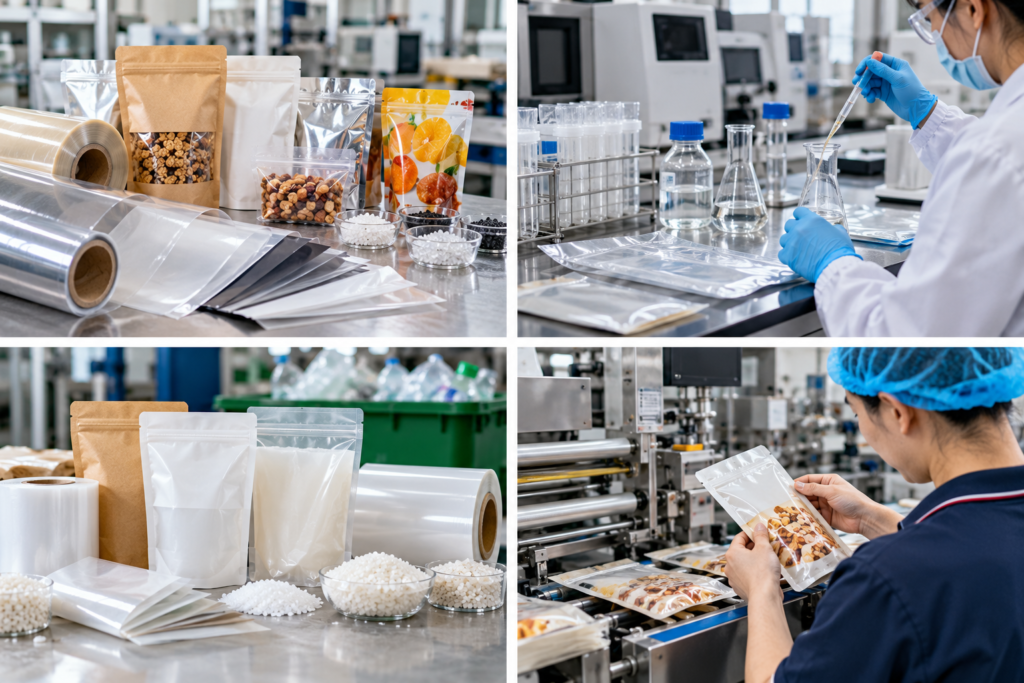 Flexible food packaging materials, laboratory testing, recyclable pouches and factory quality inspection.