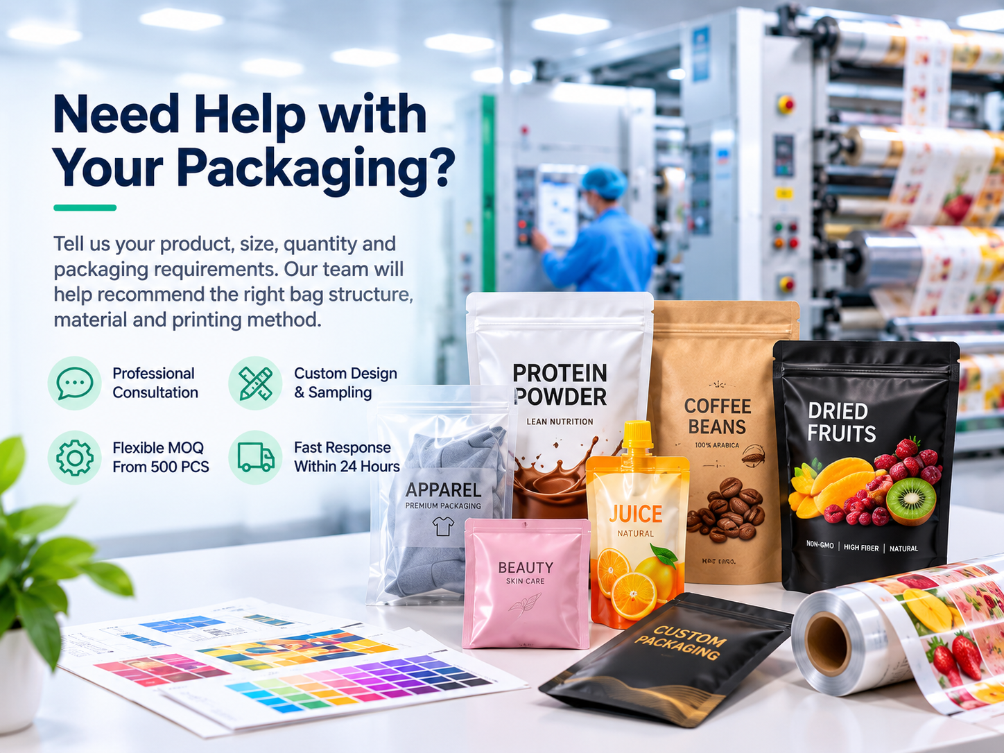 Custom flexible packaging consultation with pouches, roll film and packaging production