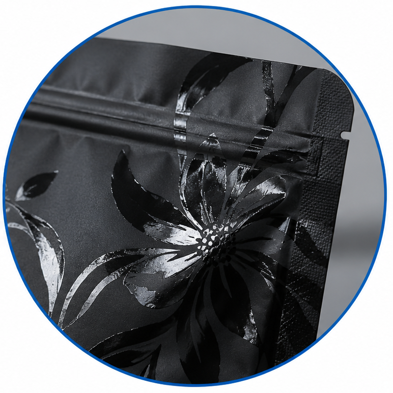 Matte black Mylar pouch with glossy spot UV floral patterns for a premium packaging effect.