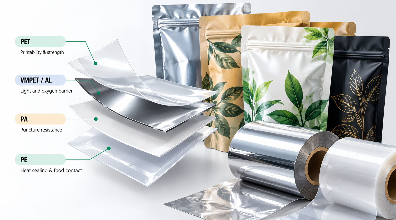 Custom laminated Mylar packaging bags with transparent, metallized and aluminum foil films for different barrier protection requirements.