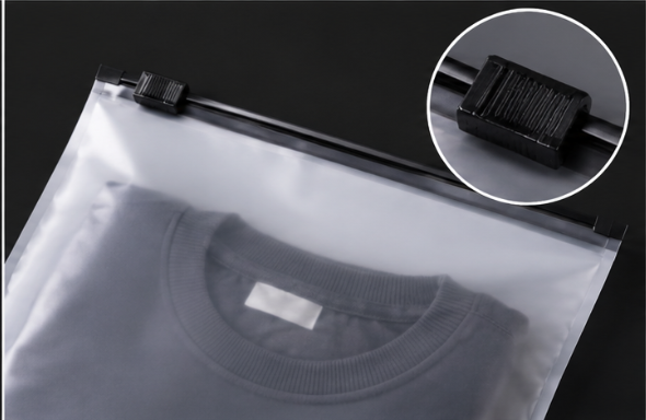 Frosted CPE slider zipper bag with a black sliding closure, designed for reusable clothing packaging.