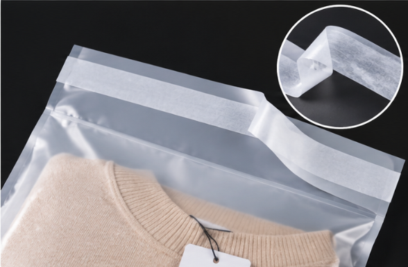 Frosted poly bag with a resealable adhesive flap and folded sweater, ideal for retail and e-commerce apparel packaging.
