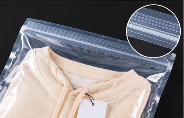 Clear PE press-to-close zipper bag with a folded hoodie, featuring a resealable closure for apparel packaging.