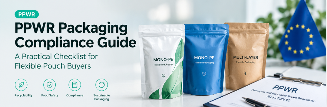 PPWR packaging compliance guide for flexible pouch buyers featuring recyclable packaging options and EU packaging regulations