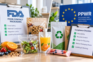 FDA food packaging and EU PPWR compliance guide with flexible pouches and regulatory checklists.
