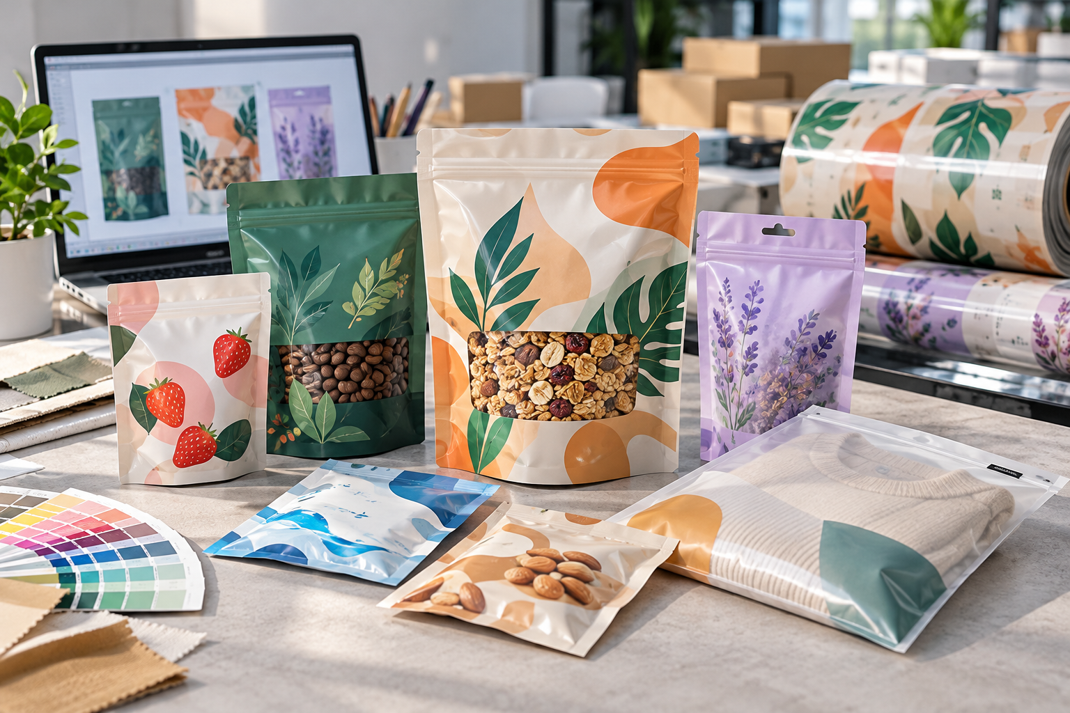 Low MOQ custom packaging with multiple digitally printed pouches, sachets, roll film and apparel bags for small batch orders