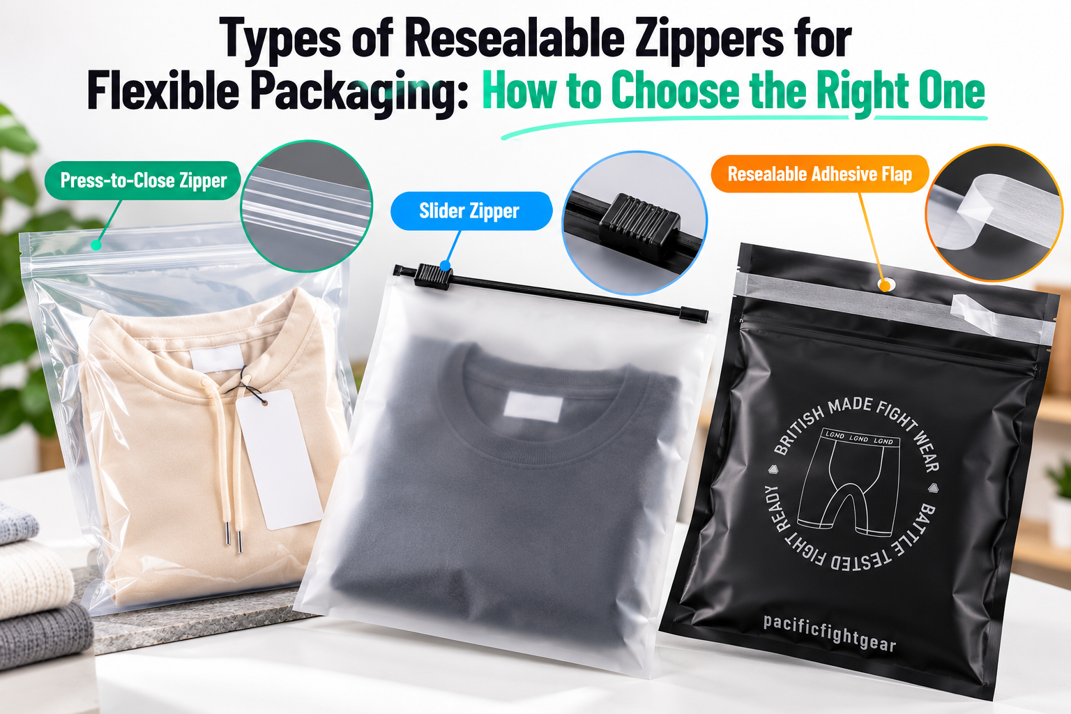 Comparison of press-to-close zipper, slider zipper and resealable adhesive flap options for custom flexible packaging bags.