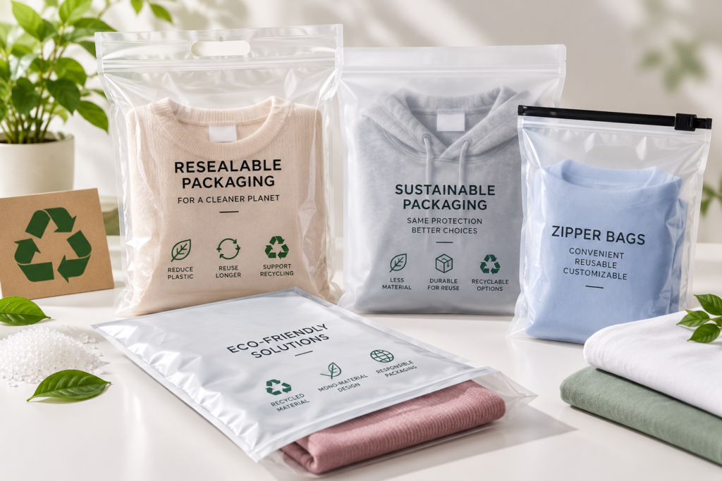 Custom resealable poly bags for apparel packaging with zipper closures, reusable designs and packaging waste reduction options.